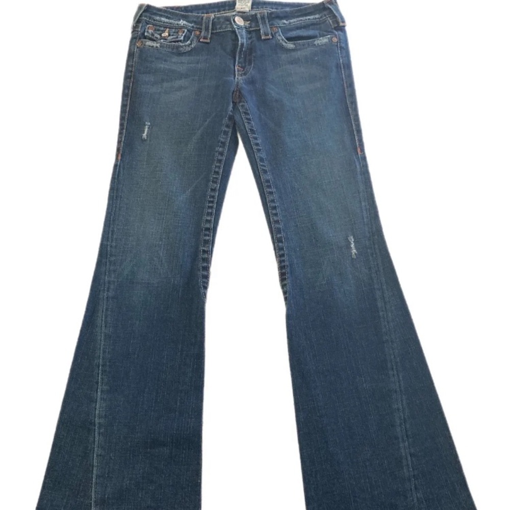 True Religion Joey Flare Leg Jeans Womens Size 31 Distressed Made In USA VGC